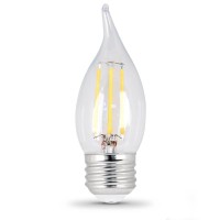 Flame tip LED chandelier bulb Performance medium base Average life of 15000 hours Instant on to full brightness Suitable for damp locations ULCUL Listed FCC and RoHS Compliant and mercury free 43H x 135D The Feit Electric decorative glass filament clear L