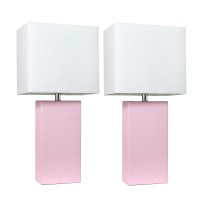 Elegant Designs Lc2000-Bpk-2Pk 2 Pack Modern Leather Table Lamps With White Fabric Shades, Blush Pink