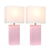 Elegant Designs Lc2000-Bpk-2Pk 2 Pack Modern Leather Table Lamps With White Fabric Shades, Blush Pink