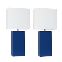 Elegant Designs Lc2000-Blu-2Pk 2 Pack Modern Leather Table Lamps With White Fabric Shades, Blue