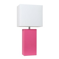 Elegant Designs Lt1025Hpk Modern Leather Table Lamp With White Fabric Shade Hot Pink