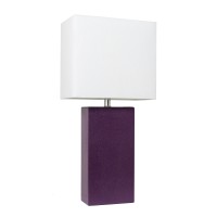 Elegant Designs Modern Leather Table Lamp With White Fabric Shade, Eggplant