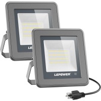 Lepower 50W Led Flood Light, 5000Lm Work Light With Plug, Equiv 250W Halogen, 6000K White Light, Ip66 Waterproof Outdoor Floodlight For Garage, Garden, Lawn, Basketball Court, Playground 2 Pack