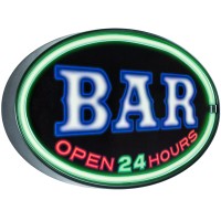 Bar Open 24 Hours - Reproduction Advertising Oval Sign - Battery Powered Led Neon Style Light - 16 X 11 X 2 Inches