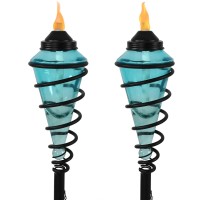 Sunnydaze Glass Patio Torch With Metal Swirl -25- To 66-Inch Adjustable Height -Set Of 2 - Blue