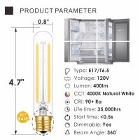 Hizashi 4W Led T6.5 Tubular Filament Bulb E17 Intermediate Base Dimmable 4.7'' Length 40W Equivalent Light Bulb 4000K Cool White 90+ Cri For Exit Sign Light, Refrigerator, Freezer, Ul Listed - 4 Pack