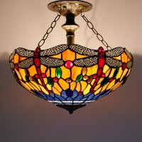 Werfactory Tiffany Ceiling Light Fixture Orange Blue Stained Glass Dragonfly Semi Flush Mount Lamp Wide 16 Inch Height 15 Inch Tiffany Ceiling Lamp S168 Series