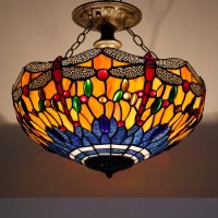 Werfactory Tiffany Ceiling Light Fixture Orange Blue Stained Glass Dragonfly Semi Flush Mount Lamp Wide 16 Inch Height 15 Inch Tiffany Ceiling Lamp S168 Series