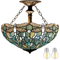 Werfactory Tiffany Ceiling Light Fixture Sea Blue Stained Glass Dragonfly Semi Flush Mount Lamp Wide 16 Inch Height 15 Inch Tiffany Ceiling Lamp S147 Series