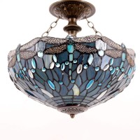 Werfactory Tiffany Ceiling Light Fixture Sea Blue Stained Glass Dragonfly Semi Flush Mount Lamp Wide 16 Inch Height 15 Inch Tiffany Ceiling Lamp S147 Series