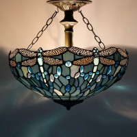 Werfactory Tiffany Ceiling Light Fixture Sea Blue Stained Glass Dragonfly Semi Flush Mount Lamp Wide 16 Inch Height 15 Inch Tiffany Ceiling Lamp S147 Series