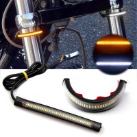 This auction features on one pair of dual color white and amber color LED strips for most motorcycle Each individual strip powered by 36 SMD super bright high power 3014 LED chips w 120 degree viewing angle for white and amber color White light is for DRL