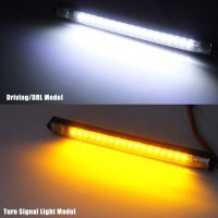 This auction features on one pair of dual color white and amber color LED strips for most motorcycle Each individual strip powered by 36 SMD super bright high power 3014 LED chips w 120 degree viewing angle for white and amber color White light is for DRL