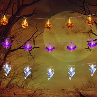 Aostar Set Of 3 Halloween Lights (20 Leds Orange Pumpkins, Purple Bats, White Ghosts), Battery Operated String Lights For Halloween Decorations Outdoor & Indoor