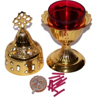 Holy Land Market Brass Oil Lamp - Church Supplies And Accessories - With Oil Glass Cup And Wicks And Floaters (8 Inches)