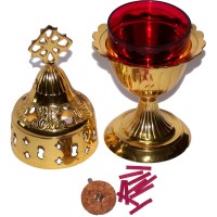 Holy Land Market Brass Oil Lamp - Church Supplies And Accessories - With Oil Glass Cup And Wicks And Floaters (8 Inches)