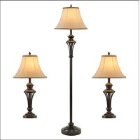 Smeike 3 Pack Lamp Set (2 Table Lamps, 1 Floor Lamp), 3-Piece Vintage Style Table And Floor Lamp Set In Bronze Finish With Brown Fabric Lamp Shades, 26