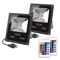 Glw Led Rgb Flood Light, 50W Outdoor Color Changing Lights With Remote Control, Ip65 Waterproof Dimmable Wall Washer Light, Flood Lamp 16 Colors 4 Modes With Us 3-Plug(2 Pack)