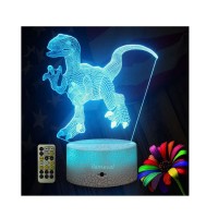 Llamevol Dinosaur Night Lights For Kids Christmas Gift Birthday Timer Dino Toy 3D Illusion Lamp Dino Gifts For Boys Home Bedroom Party Supply Decoration 7 Color Blue Remote