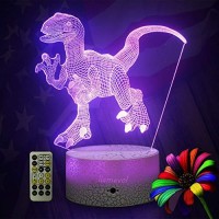 Llamevol Dinosaur Night Lights For Kids Christmas Gift Birthday Timer Dino Toy 3D Illusion Lamp Dino Gifts For Boys Home Bedroom Party Supply Decoration 7 Color Blue Remote