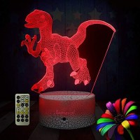 Llamevol Dinosaur Night Lights For Kids Christmas Gift Birthday Timer Dino Toy 3D Illusion Lamp Dino Gifts For Boys Home Bedroom Party Supply Decoration 7 Color Blue Remote