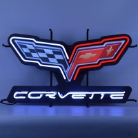 Corvette C6 Flags Neon Sign With Backing Gm Olp Bright Red And White Real Neon Tubes 30 Inch By 17 Inch - 5Crvc6