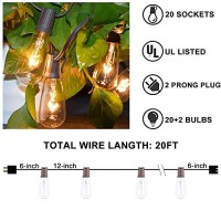 Abeja Outdoor String Lights 20Ft With 20 Vintage Bulbs(2 Spare) St40 String Lights, Waterproof Ul Listed For Patio Garden Backyard Party Decor, 7W, E12 Socket Base, Brown