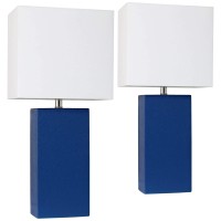 Elegant Designs 2 Pack Modern Leather Table Lamps With White Fabric Shades Blue