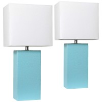 Elegant Designs Lc2000-Aqu-2Pk Modern Leather Table Lamps, Aqua With White Fabric Shades - Pack Of 2