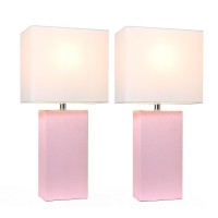 2 Pack Modern Leather Table Lamps With White Fabric Shades Blush Pink