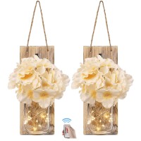 Gbtroo Rustic Mason Jar Sconces For Home Decor 6 Hours Timer Decorative Flower Wall Decor With Led Strip Lights, Silk Hydrangea, And Wrought Iron Hooks For House Decoration (Set Of 2), Brown