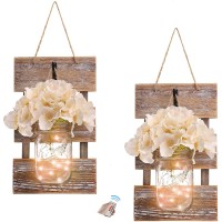 Gbtroo Rustic Brown Mason Jar Sconces For Home Decor, Decorative Chic Hanging House Decor Mason Jars With Led Strip Lights, 6-Hour Timer, Silk Hydrangea, Iron Hooks For Home & Kitchen Decorations