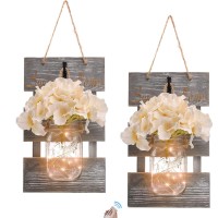 Rustic Grey Mason Jar Sconces For Home Decor, Decorative Chic Hanging Wall Decor Mason Jars With Led Strip Lights, 6-Hour Timer, Silk Hydrangea, Iron Hooks For Home & Kitchen Decorations [Set Of 2]