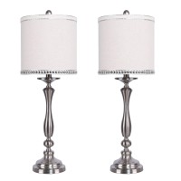 Grandview Gallery 29 Modern Brushed Nickel Metal Table Lamp Set Ft Balustrade Design And Natural Linen Shades With Silver Silk-Edged Chrome Nailhead Trim - Glam Lighting For Any Room (Set Of 2)