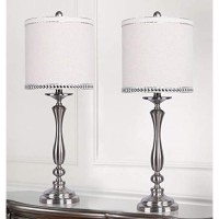 Grandview Gallery 29 Modern Brushed Nickel Metal Table Lamp Set Ft Balustrade Design And Natural Linen Shades With Silver Silk-Edged Chrome Nailhead Trim - Glam Lighting For Any Room (Set Of 2)