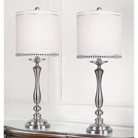 Grandview Gallery 29 Modern Brushed Nickel Metal Table Lamp Set Ft Balustrade Design And Natural Linen Shades With Silver Silk-Edged Chrome Nailhead Trim - Glam Lighting For Any Room (Set Of 2)