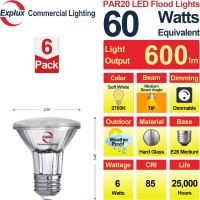 Explux Commercial-Grade Led Par20 Flood Light Bulbs, 60W Equivalent 600 Lumens, Dimmable, Full-Glass Waterproof & Anti-Ageing, Soft White 2700K, 6-Pack