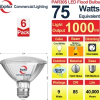 Explux Commercial-Grade Led Par30 Short Neck Flood Light Bulbs, 75W Equivalent, 40000 Hours, Dimmable, Full-Glass Waterproof & Anti-Ageing, Cool White 4100K, 6-Pack