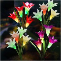 Solar Lights Outdoor - New Upgraded Solar Garden Lights, Multi-Color Changing Lily Solar Flower Lights For Patio,Yard Decoration, Bigger Flower And Wider Solar Panel (4 Pack,Red, 2 Purple, White)