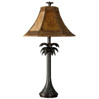 Collective Design 720354122639 Tropical Palm Tree Steel Table Lamp, Dark Brown Finish With Woven Rattan Shade