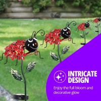 Exhart Garden Solar Lights, Decorative Red Ladybug With Flowers Garden Stake, 21 Leds, Cute Metal Outdoor Decoration, 8 X 26 Inch