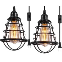 Industrial Plug In Pendant Light Vintage Hanging Cage Pendant Lighting E26 E27 Mini Pendant Light Edison Plug In Light Fixture On/Off Switch 2 Pack