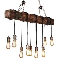 10-Lights Chandelier Wooden Retro Rustic Pendant Light - Industrial Suspension Light Line Can Be Adjusted Freely - Distressed Wood Chandelier For Dining Table Vintage Kitchen, Bar, Island, Billiard.