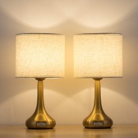 Haitral Gold Table Lamps Set Of 2 - Small Desk Lamp With Linen Fabric Shade & Metal Base, 13.8 Inches Stylish Bedside Lamps For Bedroom, Living Room, Family Room, Hotel, Den - Gold (Ht-Th37-16X2)