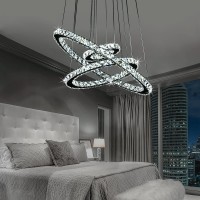 Kkmywan Modern Crystal Chandeliers Dimmable Round Pendant Lighting With Remote 2 Rings Led Ceiling Hanging Light Fixture For Foyer Dining Room Living Room Bedroom, 3000K/4000K/6000K 15.75