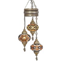 Demmex Turkish Moroccan Mosaic Chandelier, Ceiling Hanging Lamp Light Pendant Light Fixture, 3 Big Globes (Amber) (Hard-Wired)