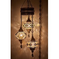 Demmex Turkish Moroccan Mosaic Chandelier, Ceiling Hanging Lamp Light Pendant Light Fixture, 3 Big Globes (Amber) (Hard-Wired)