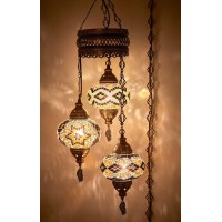 Demmex Turkish Moroccan Mosaic Chandelier, Ceiling Hanging Lamp Light Pendant Light Fixture, 3 Big Globes (Amber) (Hard-Wired)