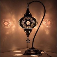 Demmex Turkish Moroccan Mosaic Table Lamp, Swan Neck Handmade Desk Bedside Table Night Lamp, Decorative Tiffany Lamp Light, Black Grey White