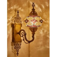 Demmex Turkish Moroccan Tiffany Style Mosaic Wall Sconce Lamp Light, Big Size Globe, Decorated Brass Body, Handmade, 15X5 Inches, Black Brown Amber